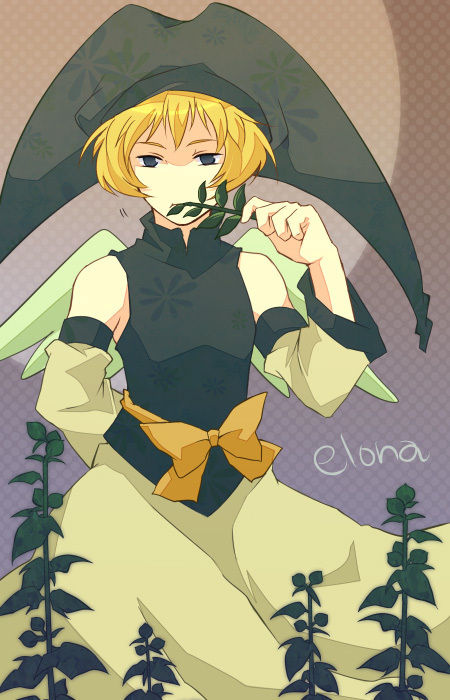 1boy, :t, androgynous, areri, arm_behind_back, bangs, bare_shoulders, blonde_hair