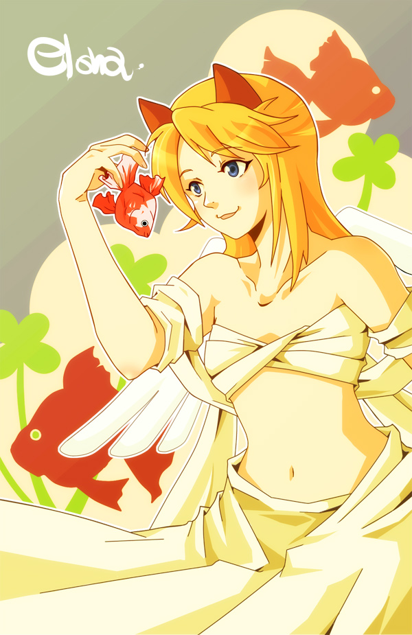 1girl, :3, :d, angel_wings, animal, animal_ears, areri, bandeau, bangs, bare_shoulders, blonde_hair, blue_eyes, blush, breasts, cat_ears, cleavage, clover, collarbone, copyright_name, cowboy_shot, detached_sleeves, ehekatl_of_luck, elona, eyebrows, eyebrows_visible_through_hair, eyelashes, facing_away, feathered_wings, feathers, fingernails, fish, four-leaf_clover, goddess, goldfish, groin, holding, holding_animal, kemonomimi_mode, long_hair, long_skirt, looking_away, looking_to_the_side, midriff, navel, nose, open_mouth, outline, shawl, short_sleeves, skirt, small_breasts, smile, solo, stomach, straight_hair, tareme, white_outline, white_skirt, white_wings, wings