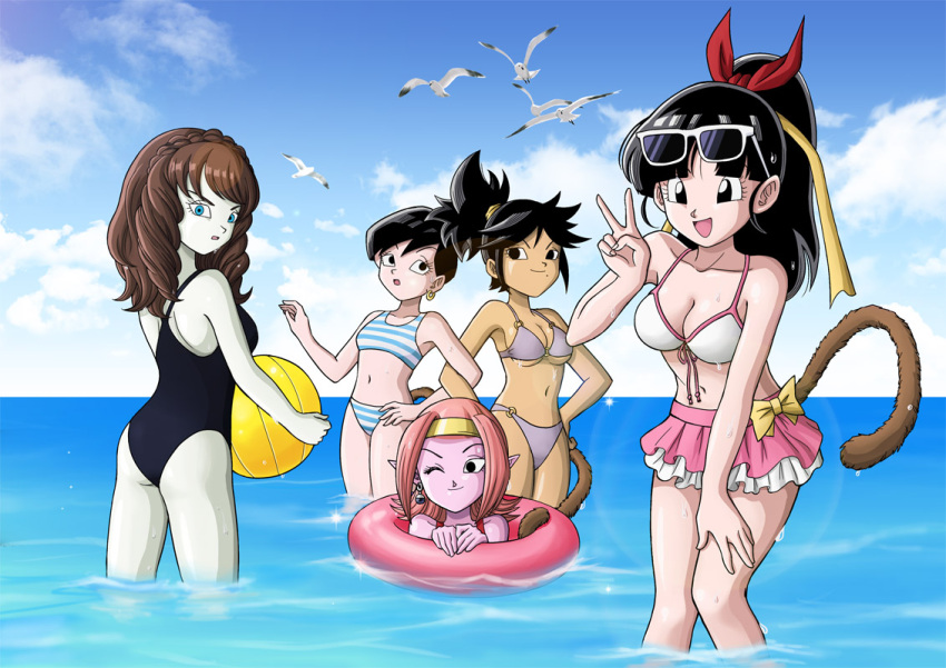 5girls, ball, beachball, bikini, bird, black_eyes, black_hair, blue_eyes