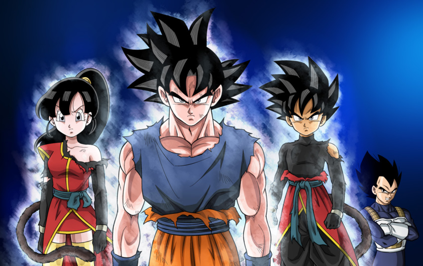 1girl, 3boys, angry, armor, aura, beat_(dragon_ball), black_hair, dougi, dragon_ball, dragon_ball_heroes, dragon_ball_super, glowing, grey_eyes, karoine, multiple_boys, muscle, note_(dragon_ball), ponytail, saiyan, serious, son_gokuu, standing, tail, torn_clothes, ultra_instinct, vegeta
