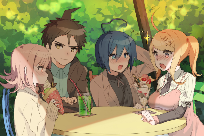 2boys, 2girls, :o, ahoge, akamatsu_kaede, alternate_hairstyle, black_hair, blonde_hair