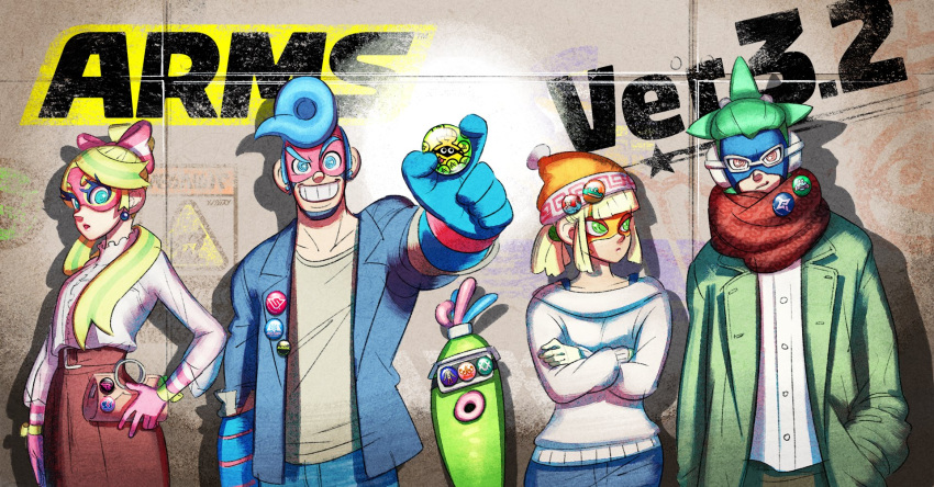 2girls, 3boys, arms_(game), badge, bag, beanie, blonde_hair, blue_eyes