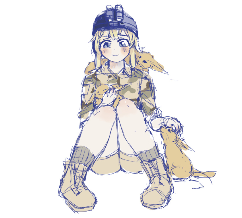 1girl, animal, animal_on_lap, animal_on_shoulder, artist_request, blonde_hair, blue_eyes, boots