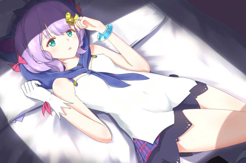 1girl, animal_hood, aqua_eyes, azur_lane, bed, bracelet, covered_navel, dd_(897671246), gloves, highres, hood, javelin_(azur_lane), jewelry, looking_at_viewer, lying, on_back, pillow, purple_hair, ring, single_gloves, solo, white_gloves