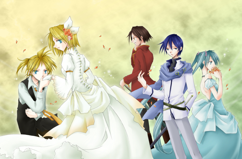aku_no_musume_(vocaloid), allen_avadonia, blonde_hair, blue_dress, blue_eyes, blue_hair, brown_hair, dress