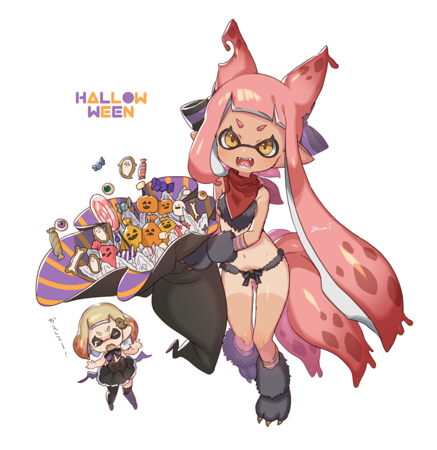 2girls, candy, costume, fangs, food, fur_trim, gloves, halloween