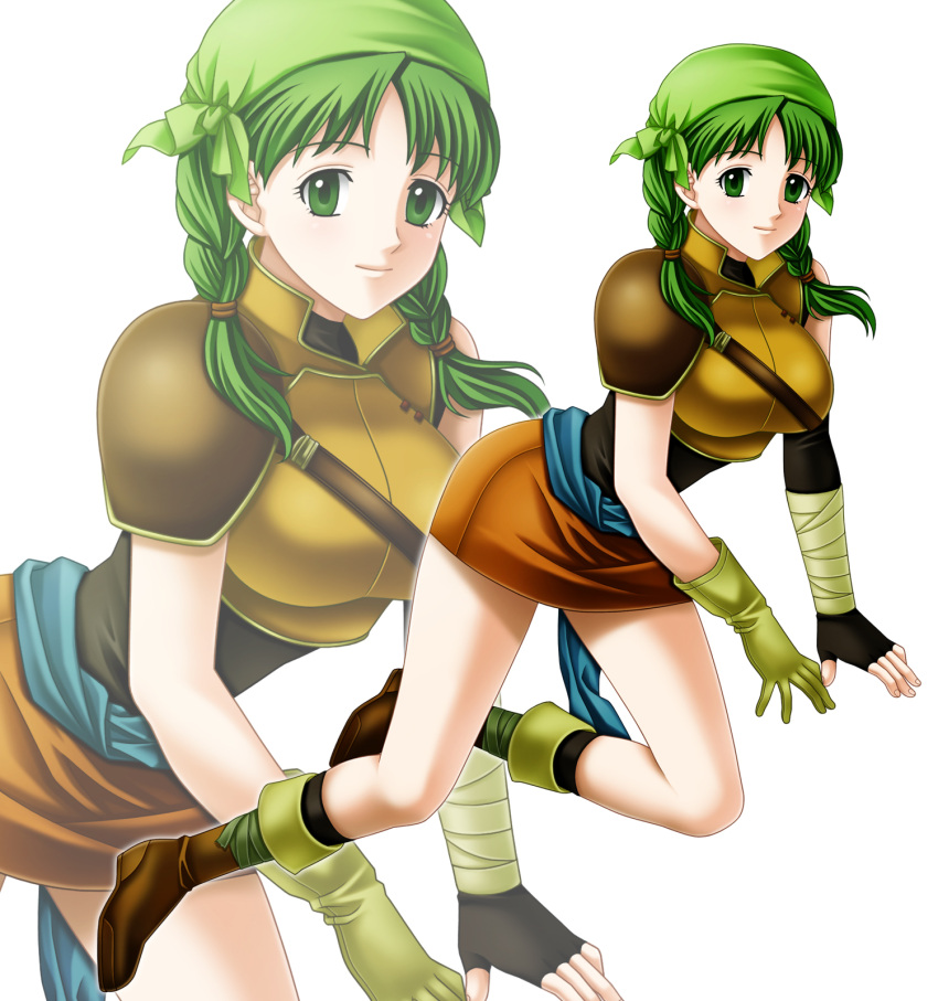 1girl, bandanna, braid, fingerless_gloves, fire_emblem, fire_emblem:_rekka_no_ken, gloves, green_eyes, green_hair, hair_over_shoulder, highres, looking_at_viewer, rebecca_(fire_emblem), short_hair, smile, solo, tamamon, twin_braids, twintails