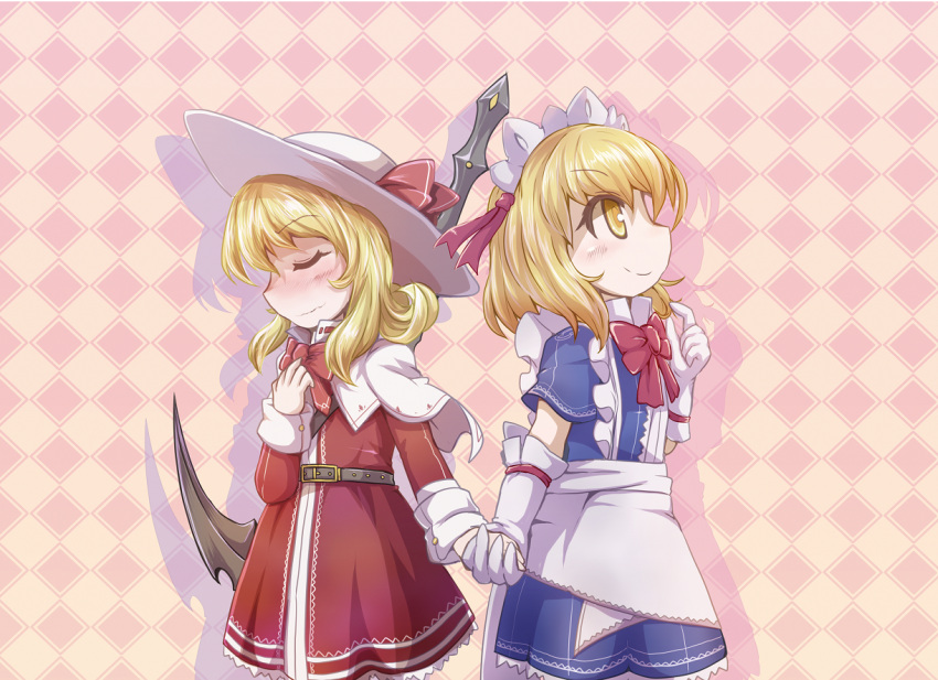 2girls, apron, back-to-back, belt, blonde_hair, blue_dress, blush, bow
