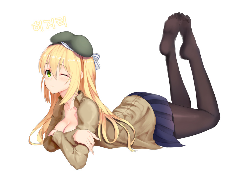 1girl, ;), absurdres, beret, black_legwear, blonde_hair, blue_skirt, breasts