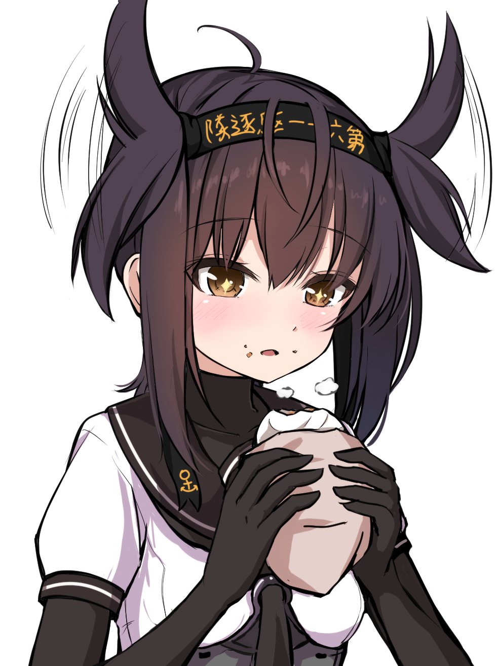 +_+, 1girl, anchor_symbol, baozi, black_hair, black_neckwear, bodysuit, brown_eyes