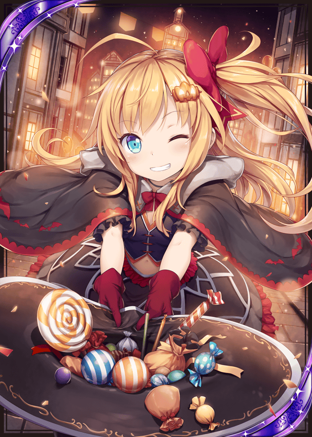 1girl, age_regression, akkijin, alchemist_(shinkai_no_valkyrie), blonde_hair, blue_eyes, candy, card_(medium)