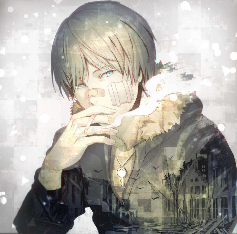1boy, bandaid, bandaid_on_nose, bangs, black_jacket, blue_eyes, cigarette, commentary