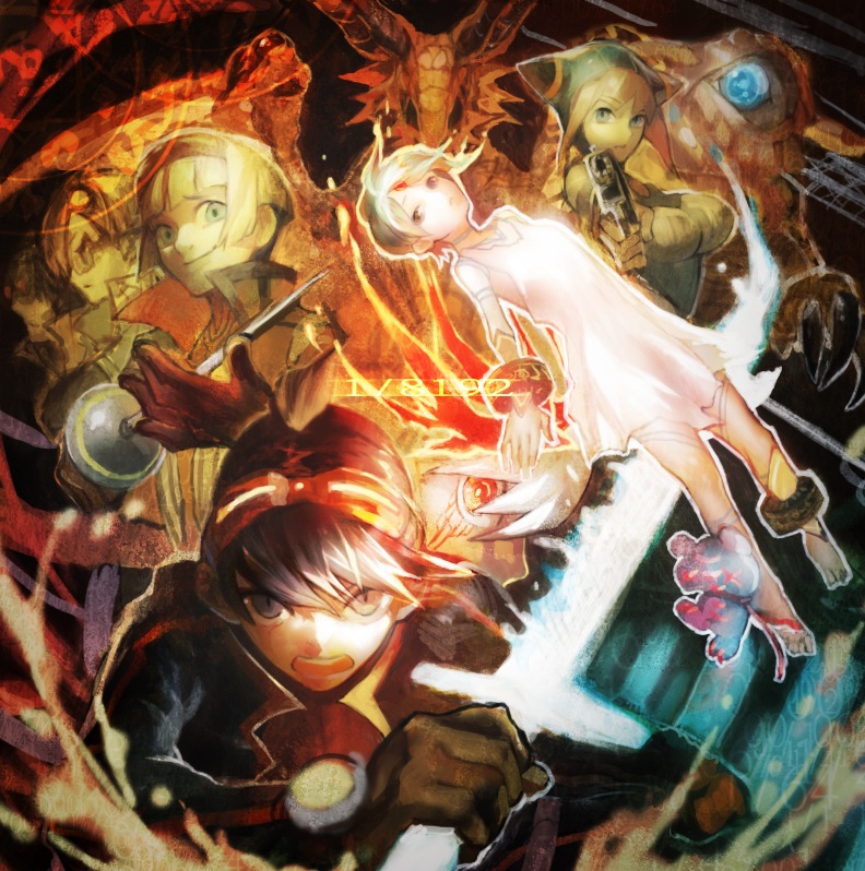 bosch_1/64, breasts, breath_of_fire, breath_of_fire_v, dress, kokoko_(aimai_co), lin_(breath_of_fire), multiple_boys, multiple_girls, nina_(breath_of_fire_v), odjn, ryuu_(breath_of_fire_v), short_hair, sword, weapon, zeno_1/128