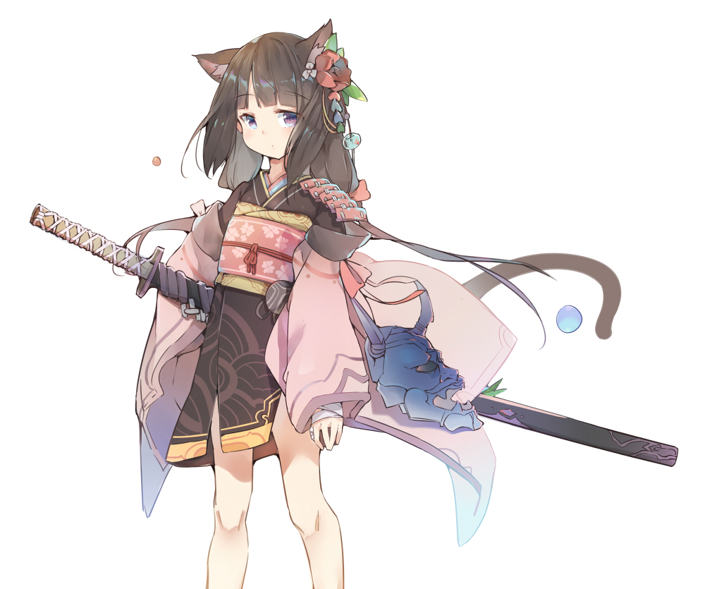 1girl, animal_ears, bandage, bandaged_arm, bangs, black_kimono, blunt_bangs, blush