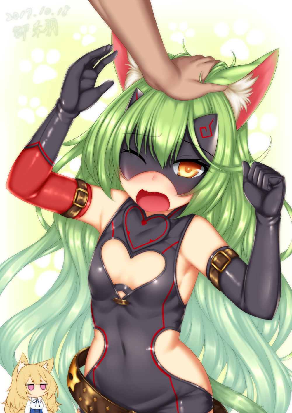 ;o, animal_ears, artist_name, black_gloves, breasts, character_request, chibi_inset, cleavage_cutout