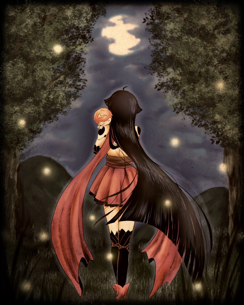 1boy, 1girl, baby, black_hair, echipashiko, fate/grand_order, fate_(series), from_behind, full_moon, fuuma_kotarou_(fate/grand_order), highres, katou_danzou_(fate/grand_order), long_hair, moon, mother_and_son, scarf, sleeping, very_long_hair, younger