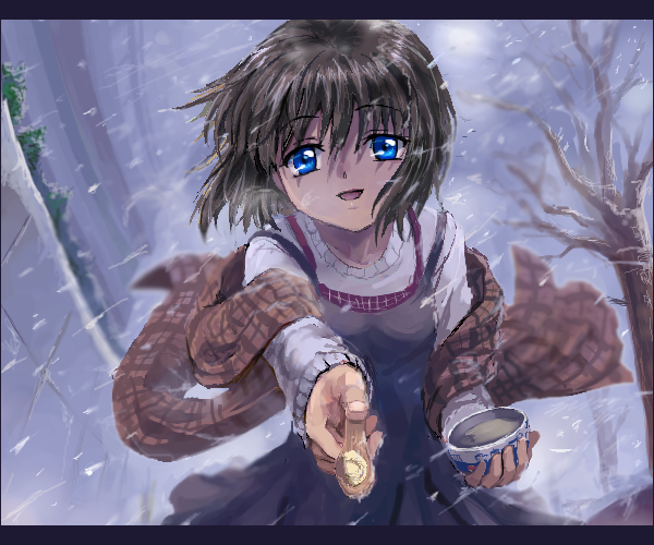 blanket, bowl, brown_hair, dress, hands, kanon, misaka_shiori, oekaki