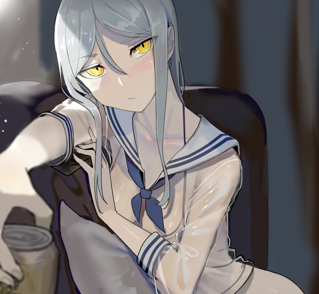 1girl, arm_out, blush, breasts, can, collarbone, cushion, hair_between_eyes