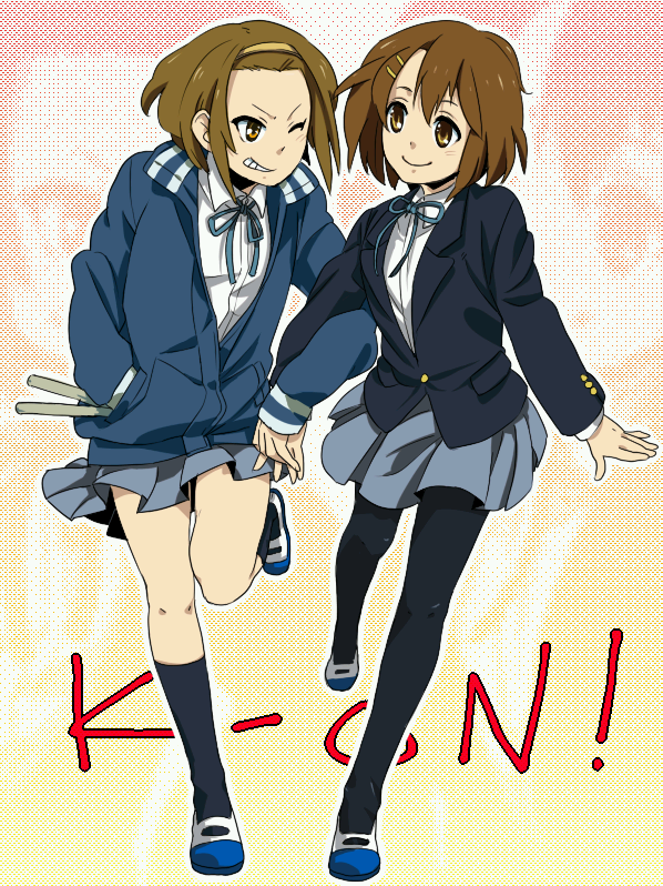 aarue, arm_grab, bad_id, blazer, brown_eyes, brown_hair, drumsticks, hair_ornament