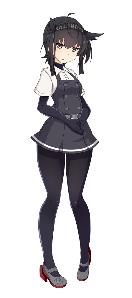 1girl, ahoge, asashio_(kantai_collection), asashio_(kantai_collection)_(cosplay), belt, belt_buckle, black_dress, black_gloves, black_hair, black_hairband, black_legwear, blush, breasts, brown_eyes, buckle, clothes_writing, collared_shirt, cosplay, dated, double-breasted, dress, elbow_gloves, full_body, gloves, grey_footwear, hair_flaps, hairband, hatsuzuki_(kantai_collection), kantai_collection, looking_at_viewer, own_hands_together, pantyhose, pinafore_dress, shirt, shoes, short_hair, signature, simple_background, small_breasts, solo, standing, tun, white_background, white_shirt, wing_collar