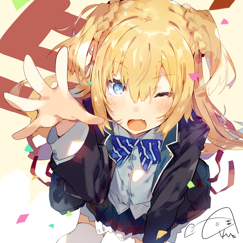 1girl, blonde_hair, blue_eyes, blue_skirt, bow, bowtie, collared_shirt, confetti, fang, from_above, half_updo, hand_up, jacket, karei, lack_girl, looking_at_viewer, mizuha_(lack_girl), multicolored_neckwear, one_eye_closed, open_clothes, open_hand, open_jacket, open_mouth, pleated_skirt, purple_jacket, raised_eyebrows, red_ribbon, ribbon, school_uniform, shirt, shirt_under_jacket, signature, simple_background, skirt, solo, striped_neckwear, thigh-highs, white_legwear, white_shirt