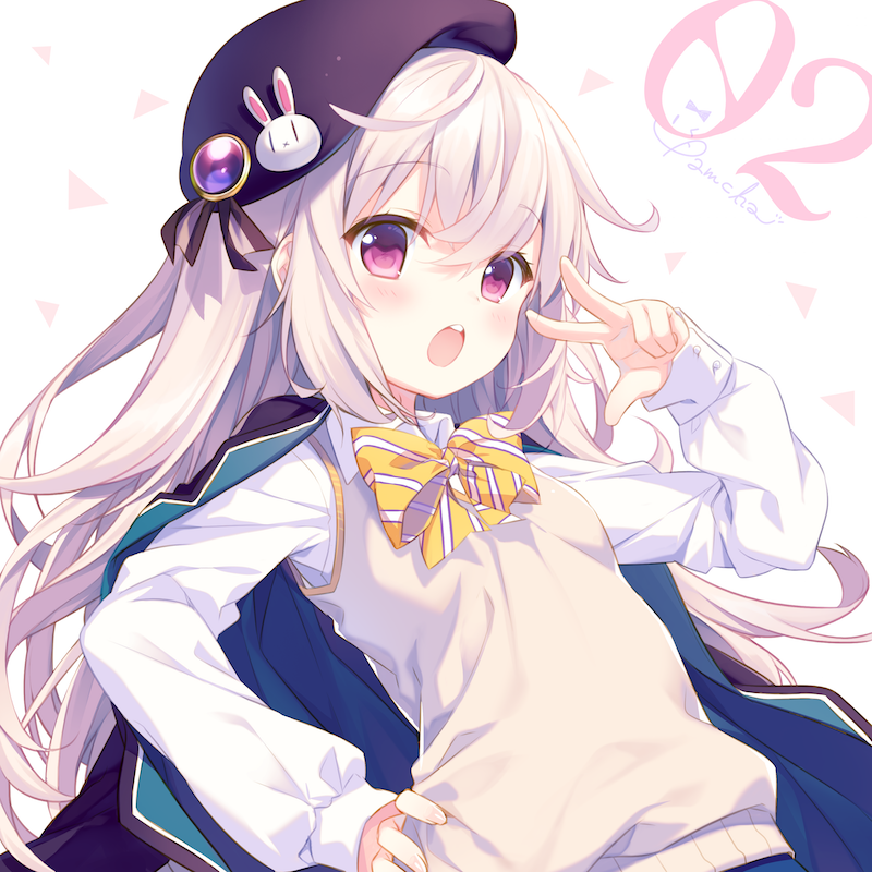1girl, artist_name, beige_sweater, beret, bow, bowtie, bunny_ornament, collared_shirt
