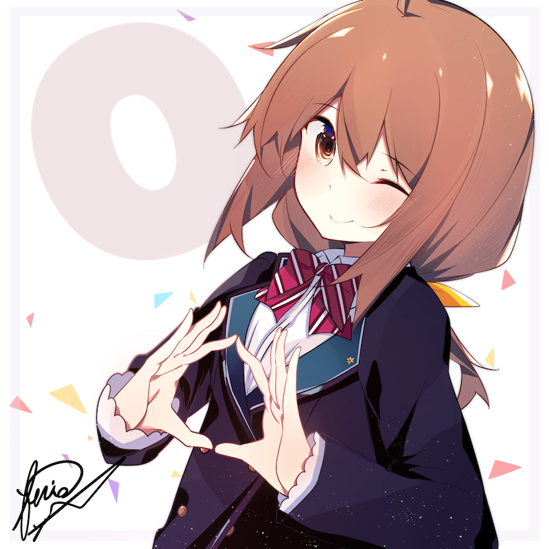 1girl, benio_(dontsugel), bow, bowtie, brown_hair, closed_mouth, collared_shirt, hair_between_eyes, jacket, lack_girl, leaning_to_the_side, light_blush, looking_at_viewer, multicolored_neckwear, numbered, one_eye_closed, purple_jacket, satsuki_(lack_girl), school_uniform, shirt, shirt_under_jacket, signature, simple_background, smile, solo, spade_hands, striped_neckwear, tied_hair, triangle, upper_body, yellow_eyes