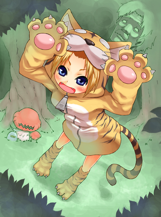 bad_id, berserker_(class), blonde_hair, blue_eyes, blush, exdeath, fang, fangs, final_fantasy, final_fantasy_v, forest, galuf_halm_baldesion, kanryuusai_sensei, krile_mayer_baldesion, moss_fungus, mushroom, nature, paws, short_hair, tail, takeda_kanryuusai, tiger_costume, tiger_print, tiger_tail, tree, zipper