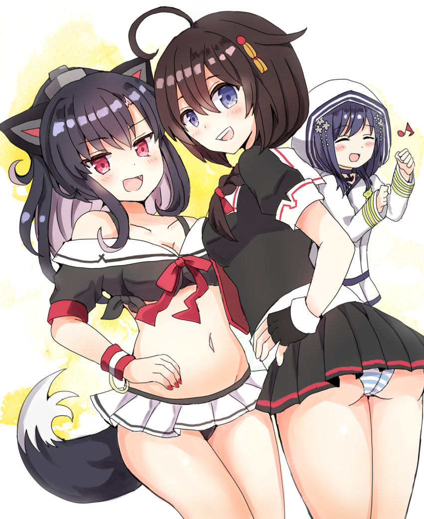 3girls, :d, ^_^, ahoge, animal_ears, ass, azur_lane, black_hair, black_panties, blue_eyes, blush, bow, braid, breasts, cleavage, closed_eyes, commentary_request, crossover, fake_animal_ears, fang, fingerless_gloves, gloves, hair_bow, hair_flaps, hair_ornament, hair_ribbon, highres, hood, hoodie, kantai_collection, long_hair, looking_at_viewer, mazeru_(jisjifin), medium_breasts, multiple_crossover, multiple_girls, namesake, navel, open_mouth, panties, pantyshot, pantyshot_(standing), pleated_skirt, remodel_(kantai_collection), ribbon, school_uniform, serafuku, shigure_(azur_lane), shigure_(kantai_collection), shigure_(zhan_jian_shao_nyu), single_braid, skirt, smile, standing, striped, striped_panties, tail, underwear, wolf_tail, zhan_jian_shao_nyu