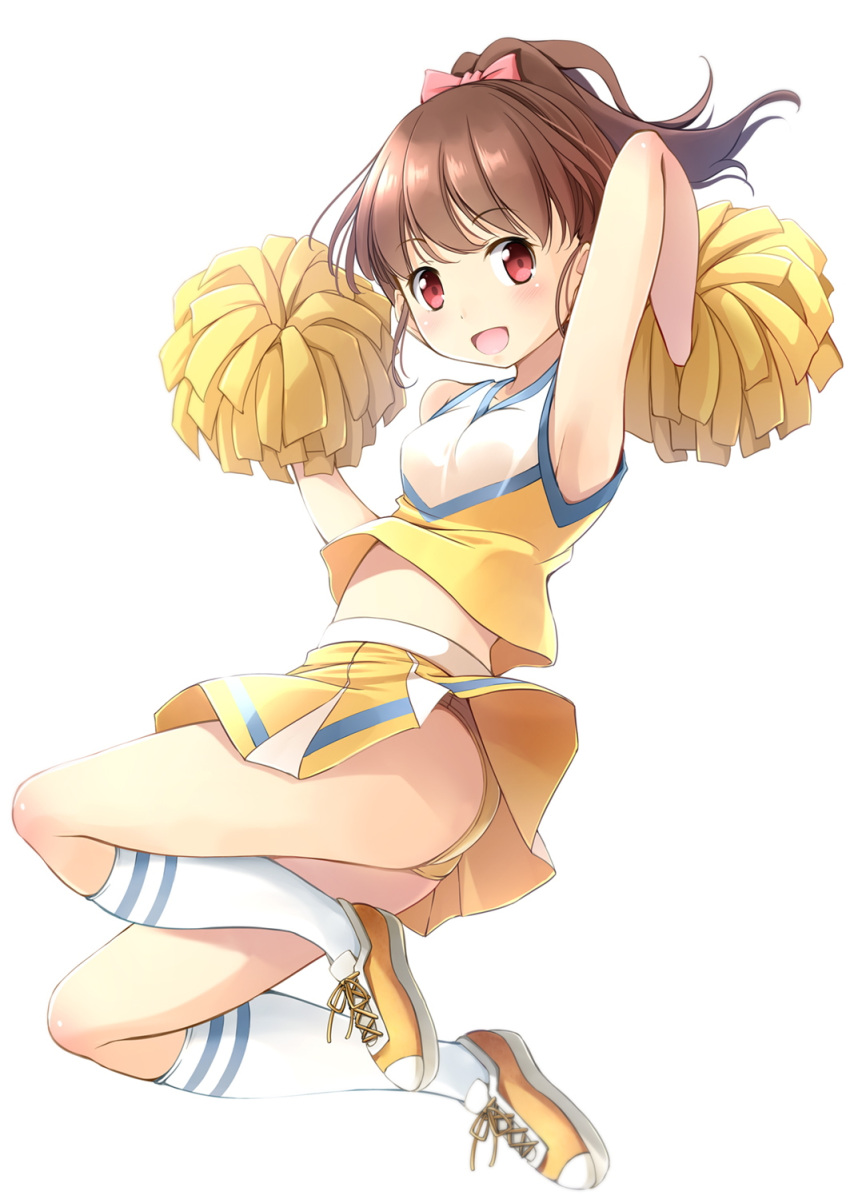 1girl, :d, arm_up, ass, bow, breasts, cheerleader, full_body