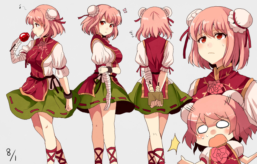 1girl, ankle_lace-up, bandage, bandaged_arm, bangs, blush, bun_cover, candy_apple