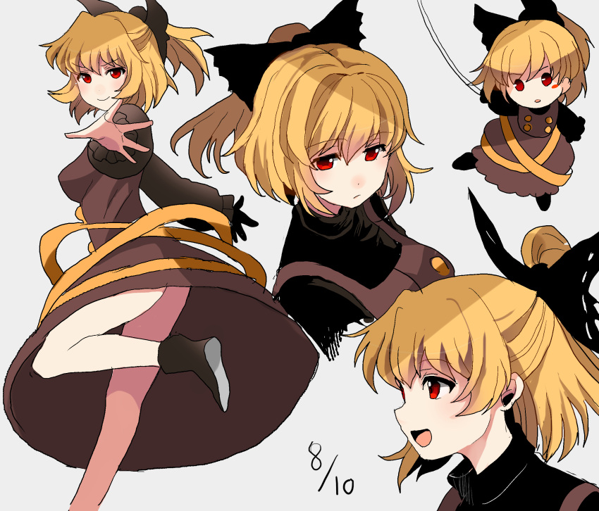 >:), 1girl, :d, ass, blonde_hair, boots, bow, chibi