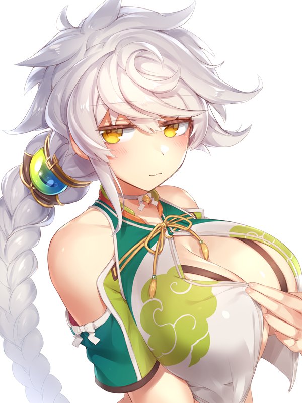 1girl, asymmetrical_hair, bangs, bare_shoulders, blush, bra, braid, breasts, choker, cleavage, cloud_print, commentary_request, crop_top, cupless_bra, eyebrows_visible_through_hair, gem, hair_ornament, hand_on_own_chest, jitome, kantai_collection, large_breasts, long_hair, looking_at_viewer, looking_to_the_side, open_clothes, open_shirt, shirt, shoulder_cutout, silver_hair, simple_background, single_braid, solo, swept_bangs, underwear, unryuu_(kantai_collection), upper_body, very_long_hair, wavy_hair, white_background, yamaarashi, yellow_eyes
