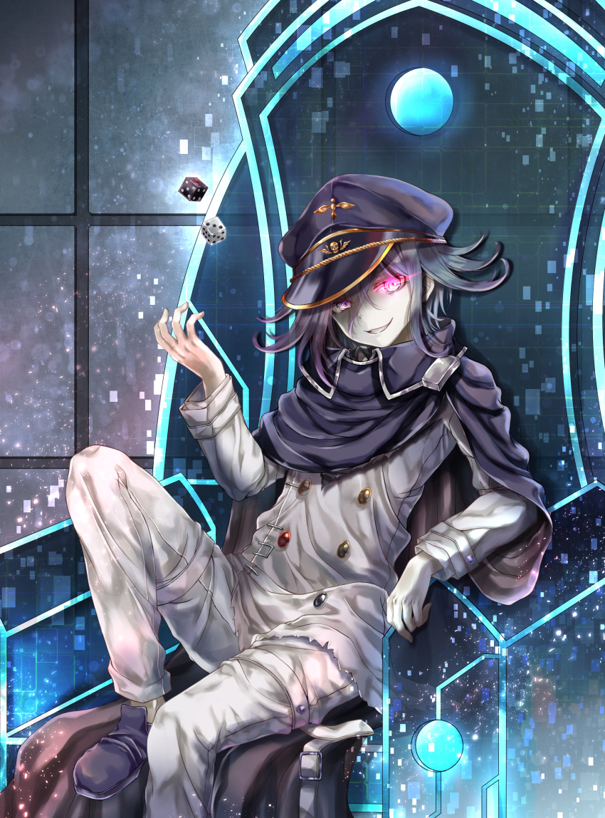 1boy, absurdres, arm_rest, black_cape, black_footwear, black_hat, cape, commentary_request