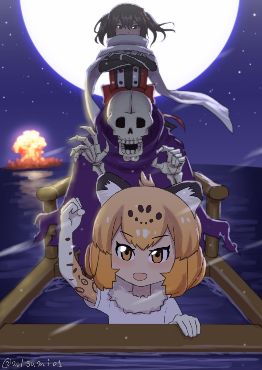 black_eyes, black_hair, blonde_hair, bone, character_request, commentary_request, crossed_arms, crossover