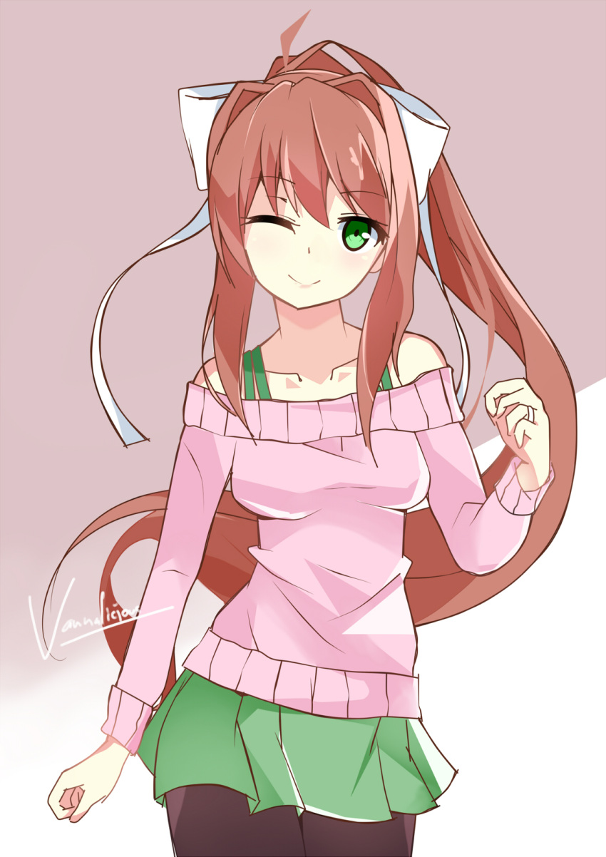 1girl, ahoge, artist_name, bare_shoulders, brown_hair, casual, collarbone, doki_doki_literature_club, green_eyes, hair_ribbon, highres, jewelry, long_hair, looking_at_viewer, monika_(doki_doki_literature_club), one_eye_closed, pantyhose, pink_sweater, pleated_skirt, ponytail, ribbon, ring, simple_background, skirt, smile, solo, sweater, vanna, wedding_band
