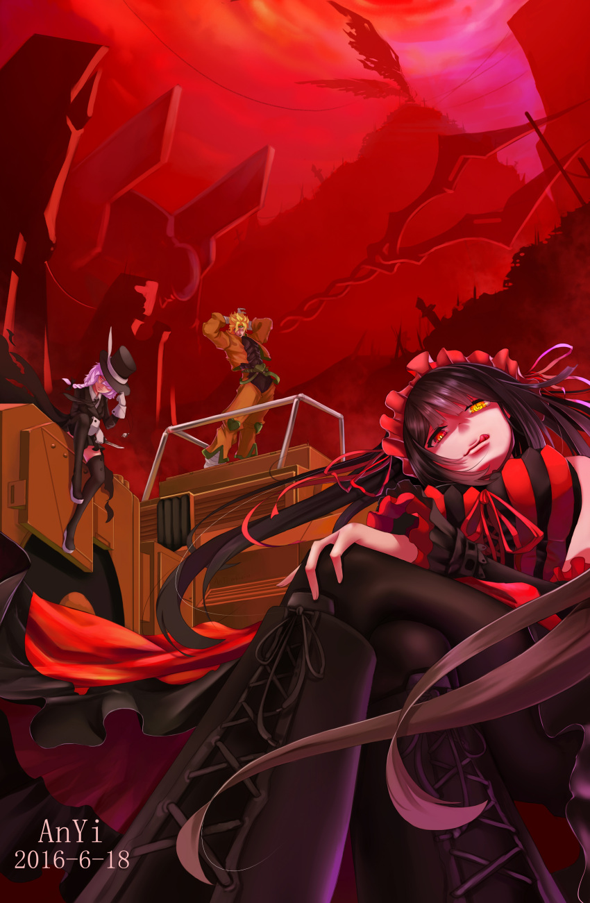 1boy, 2016, 2girls, absurdres, akemi_homura, alternate_costume, anyi, arms_behind_head