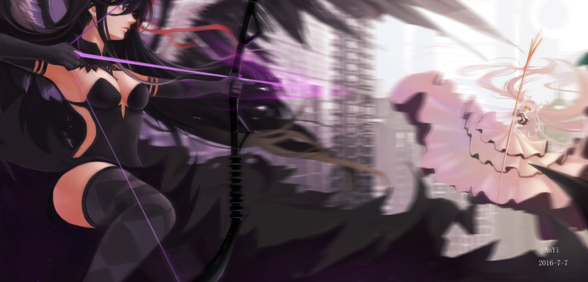 2016, 2girls, absurdres, akemi_homura, akuma_homura, anyi, black_hair, bow_(weapon)
