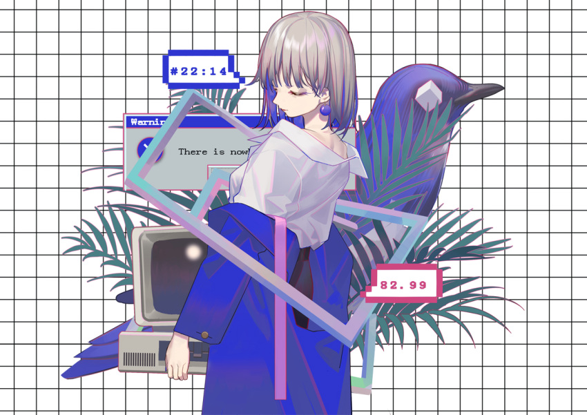1girl, bangs, bird, blue_jacket, bob_cut, branch, checkered, checkered_background