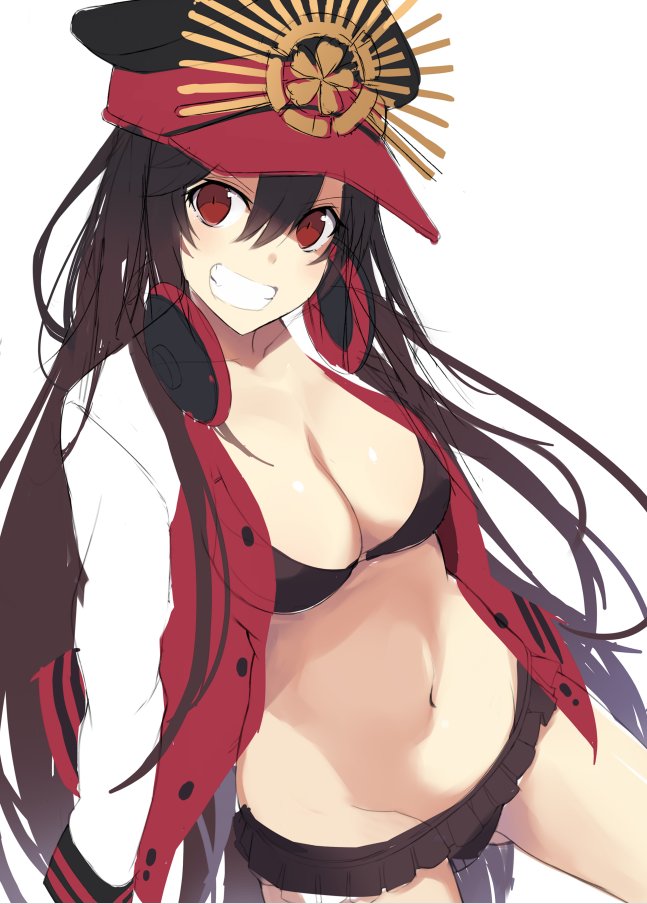 1girl, bikini, black_bikini_bottom, black_bikini_top, black_hair, breasts, buster_shirt, cleavage