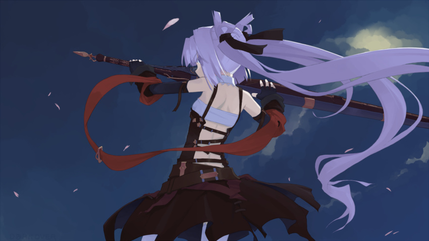 1girl, arm_warmers, armband, belt, black_bow, black_gloves, blue_eyes, bow, cowboy_shot, detached_collar, dress, elbow_gloves, eyebrows_visible_through_hair, eyes_visible_through_hair, fingerless_gloves, from_behind, gloves, hair_bow, highres, long_hair, looking_at_viewer, looking_back, mof, mof's_silver_haired_twintailed_girl, night, open-back_dress, original, sky, solo, strap, strapless, sword, thigh-highs, tubetop, twintails, very_long_hair, weapon, white_hair, white_legwear