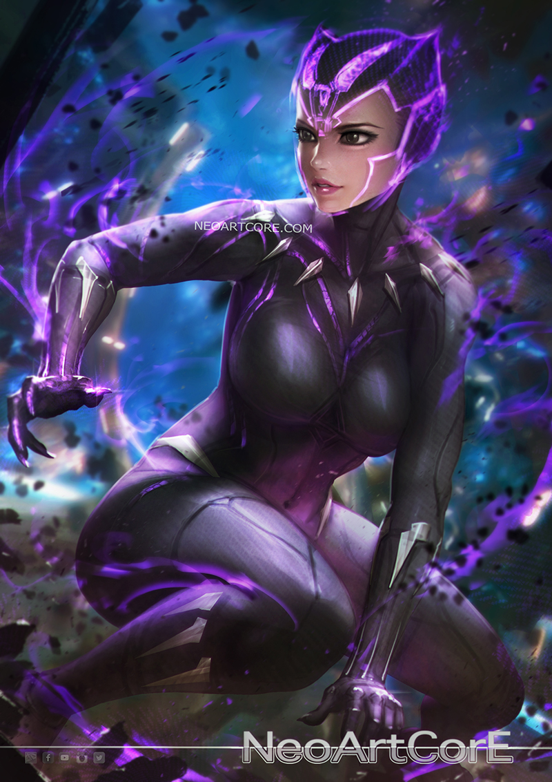 1girl, artist_name, black_eyes, black_panther_(marvel), bodysuit, breasts, claws, genderswap