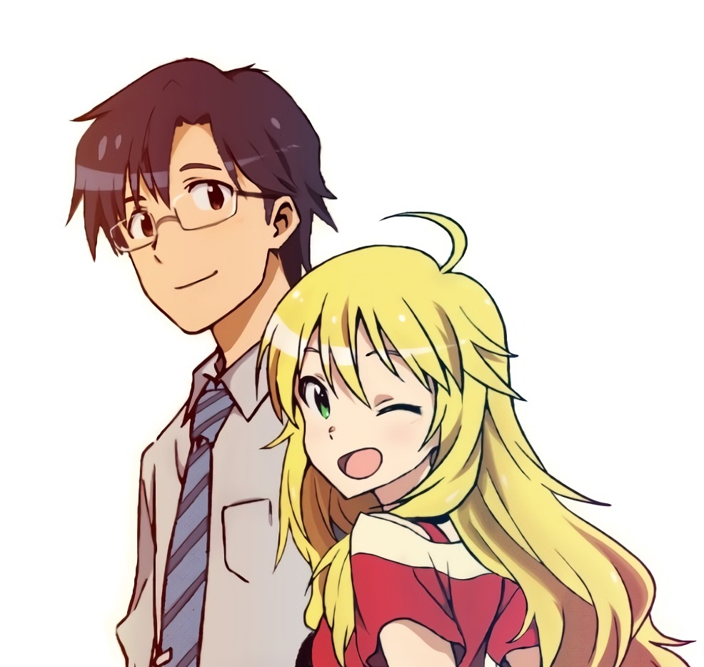 1boy, 1girl, ahoge, black_hair, blonde_hair, glasses, green_eyes, hoshii_miki