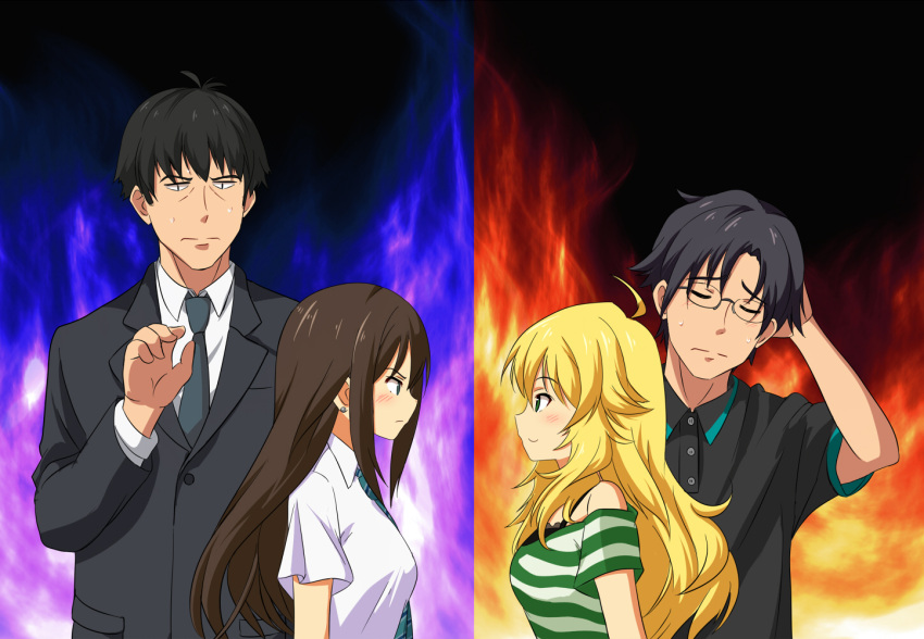 2boys, 2girls, ahoge, be_(o-hoho), black_hair, blonde_hair, brown_hair, formal