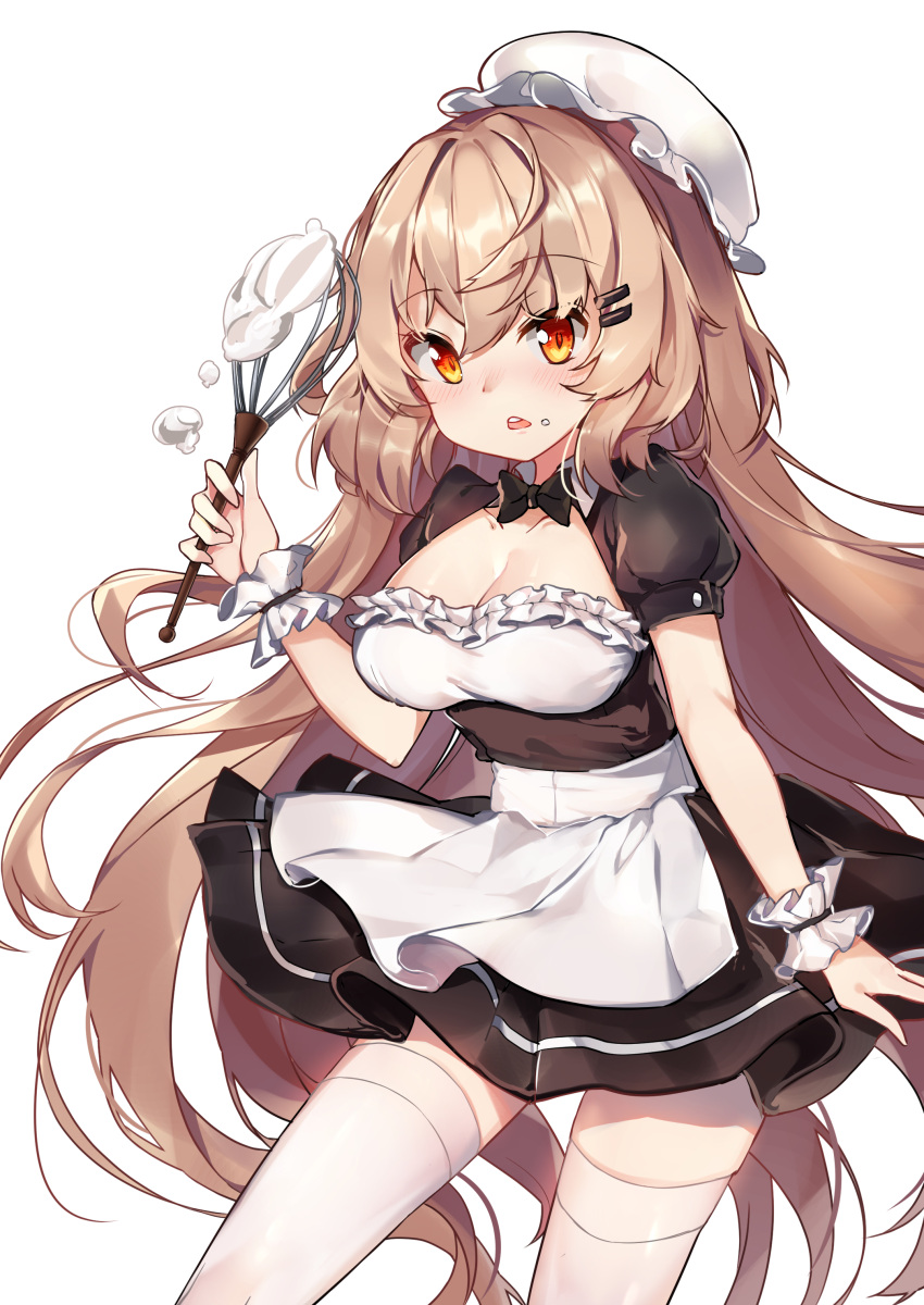 1girl, absurdres, apron, bangs, black_dress, blush, breasts, brown_hair
