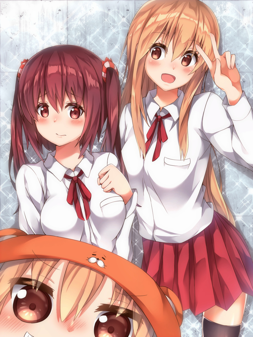 >:), 3girls, :d, absurdres, black_legwear, blonde_hair, blush, breasts