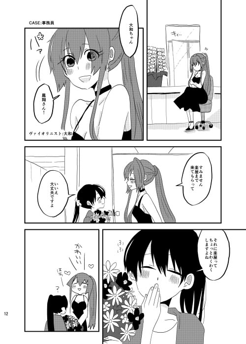 2girls, ?, alternate_costume, blush, bouquet, breasts, chair, chibi, choker, cleavage, closed_eyes, covering_mouth, crossed_arms, door, doorknob, dress, facing_another, flower, greyscale, hand_over_own_mouth, heart, houshou_(kantai_collection), kantai_collection, mirror, monochrome, multiple_girls, open_mouth, page_number, ponytail, rolling_chair, sample, sideboob, sitting, sleeveless, sleeveless_dress, smile, translation_request, triangle_mouth, white_background, yamato_(kantai_collection), yoichi_(umagoya)