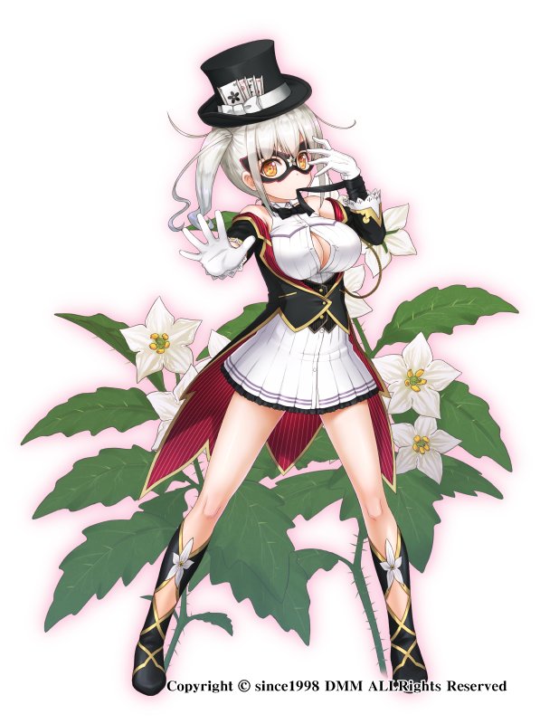 1girl, black_footwear, black_hat, black_neckwear, boots, bow, bowtie, breasts