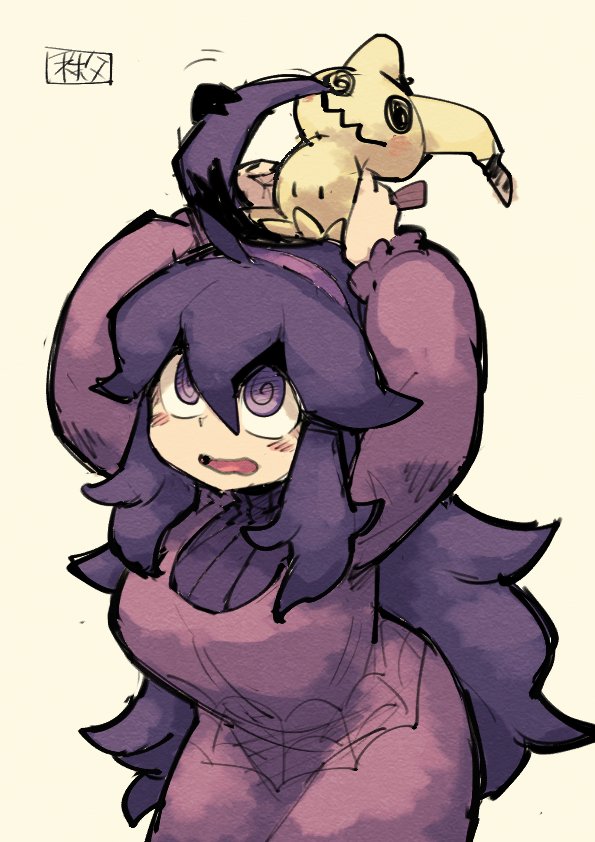 1girl, ahoge, al_bhed_eyes, blush, cowboy_shot, hairband, hex_maniac_(pokemon), long_hair