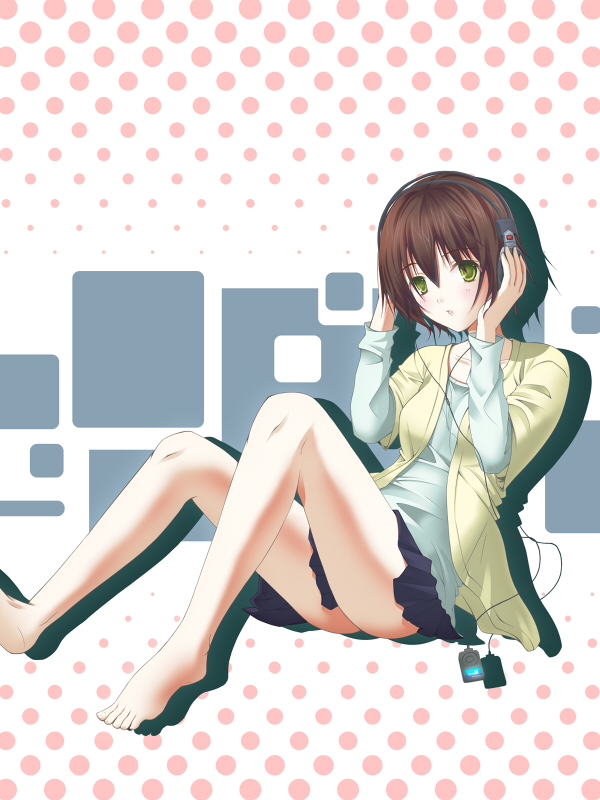 brown_hair, digital_media_player, feet, green_eyes, headphones, ipod, miisuke, original, skirt